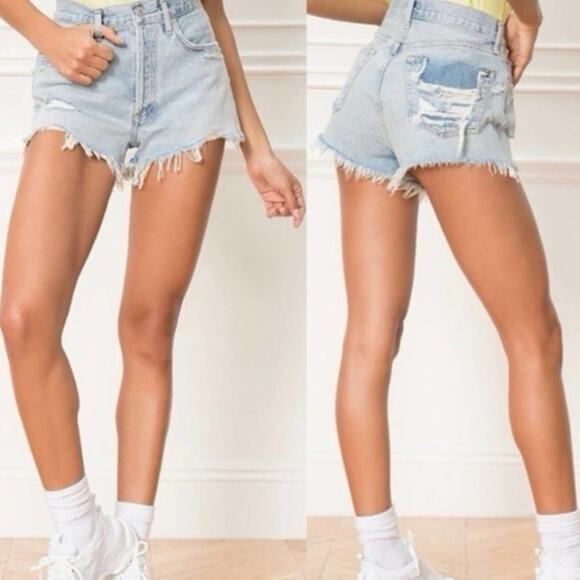 AGOLDE Parker Distressed Vintage Denim High Waisted Cut-Off Shorts - Picture 1 of 5